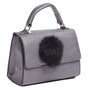 Tosca Blu Grey Small Pon Pon Faux Fur Flap Top Handle Bag